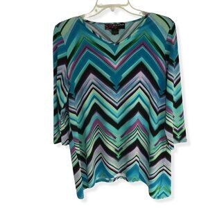 Peck & Peck Chevron Print Blouse Long Sleeve Stretchy Pullover Sz Medium Blue